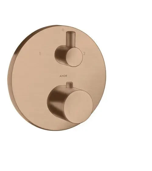 Thermostat-Unterputzsystem in gebürstetem Rotgold mit zwei Steuerknöpfen, markiert mit "AXOR", zur Anpassung von Wasserfluss und Temperatur.